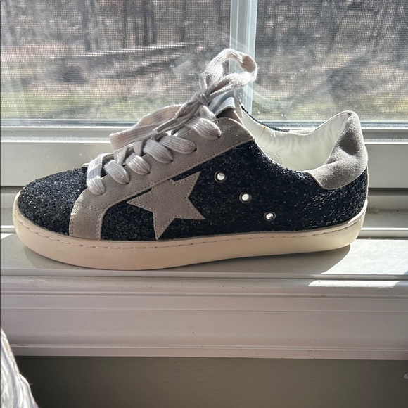 Women's Black Glitter Athletic Sneakers with Cream Accents Golden Goose Dupes - Picture 6 of 6